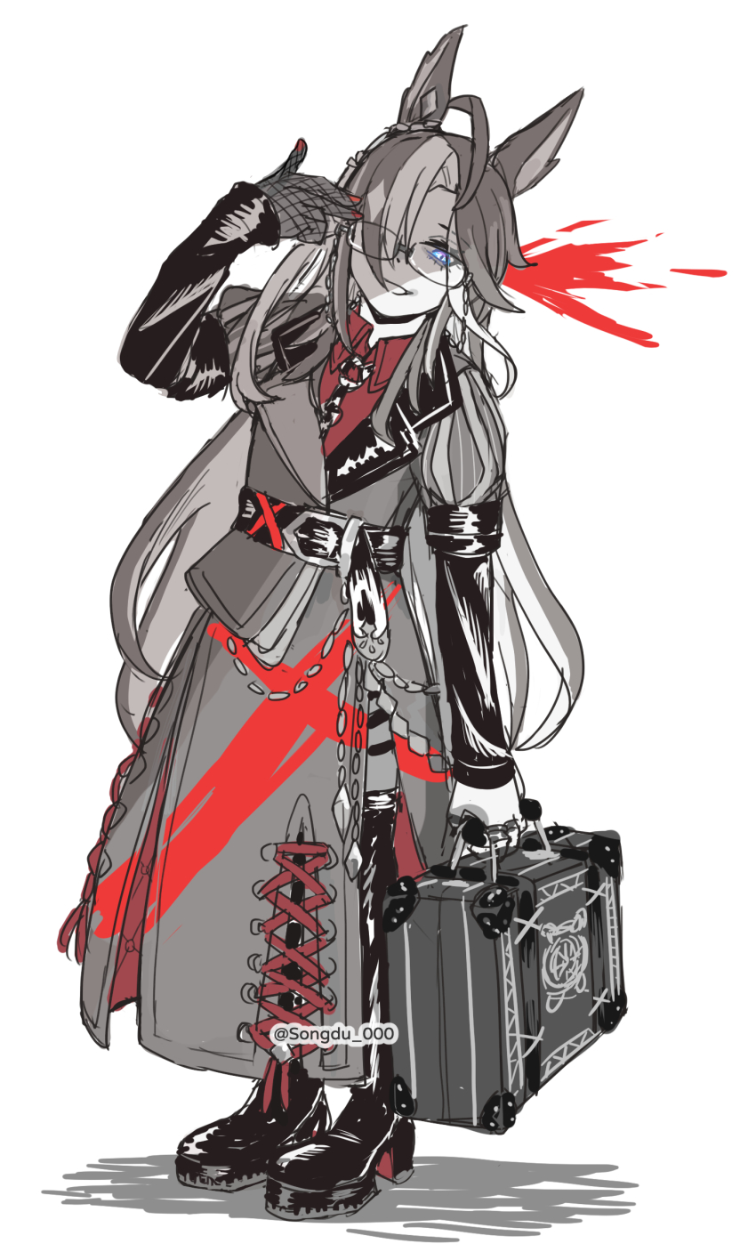 1girl absurdres ahoge arm_up blood blood_splatter blue_eyes boots coat collared_shirt dream_journey_(umamusume) finger_gun finger_gun_to_head fishnet_gloves fishnets glasses gloves heart_hands_over_eye highres holding holding_suitcase jewelry leaning_to_the_side long_hair long_sleeves looking_at_viewer multicolored_hair multiple_rings parted_lips partially_colored platform_boots platform_footwear puffy_sleeves red_shirt ring shirt simple_background single_hair_intake smile solo songdu standing streaked_hair suitcase umamusume very_long_hair white_background