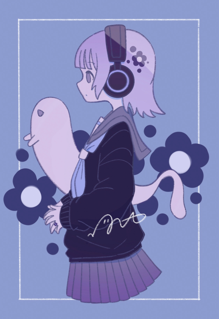 1girl black_sweater blue_neckerchief cowboy_shot flower from_side ghost grey_sailor_collar headphones highres inset_border medium_hair miniskirt neckerchief omochi_noa original pleated_skirt profile purple_hair sailor_collar school_uniform serafuku signature skirt solo sweater