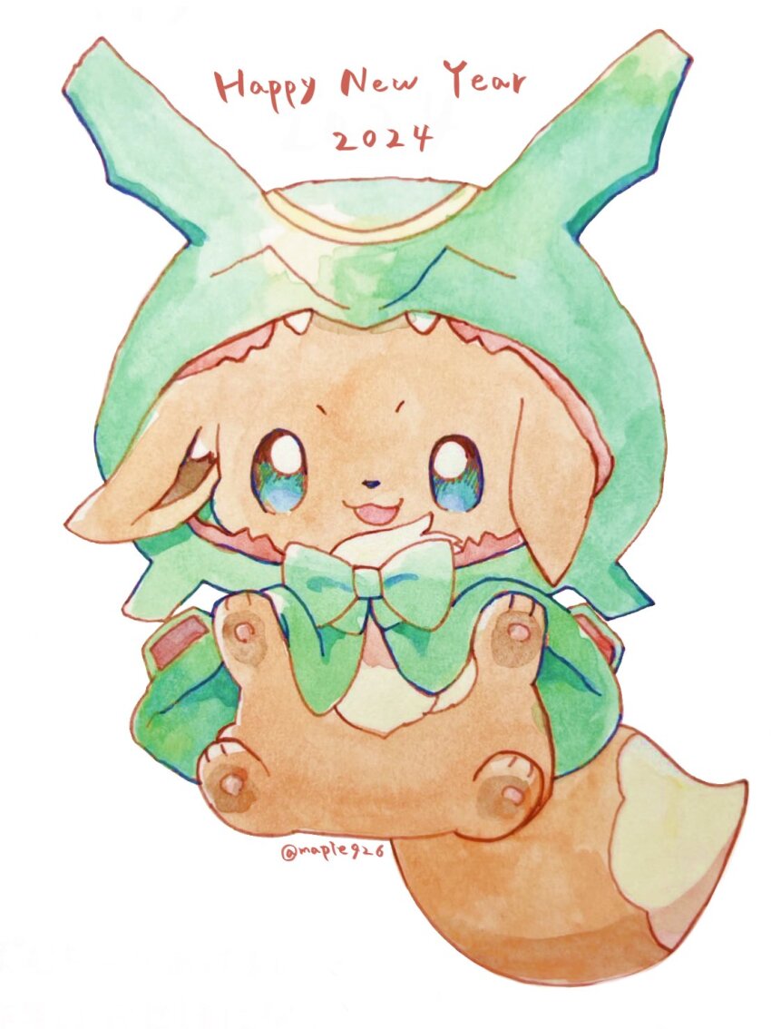 2024 animal_focus artist_name bow bowtie brown_fur commentary_request cosplay eevee gen_1_pokemon gen_3_pokemon green_bow green_bowtie happy_new_year highres kana_(maple926) legendary_pokemon new_year nintendo no_humans open_mouth pawpads pokemon pokemon_(creature) rayquaza rayquaza_(cosplay) simple_background sitting smile tail twitter_username white_background