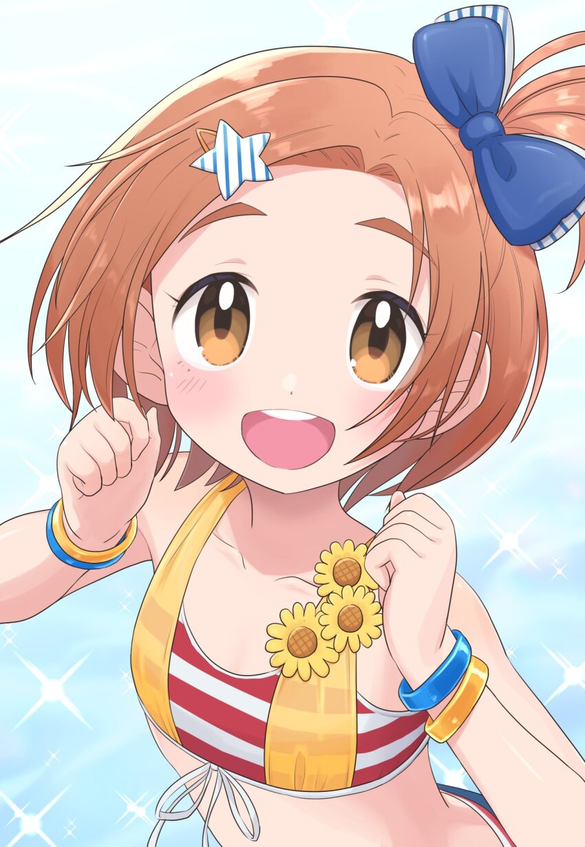 1girl :d bare_shoulders blue_background blue_bow bow bracelet clenched_hands collarbone commentary_request crop_top flat_chest hair_bow hair_ornament hands_up highres idolmaster idolmaster_cinderella_girls jewelry looking_at_viewer midriff one_side_up open_mouth orange_eyes orange_hair parted_bangs red_shirt ryuzaki_kaoru shirt short_hair smile solo star_(symbol) star_hair_ornament striped_clothes striped_shirt teeth two-tone_shirt upper_body upper_teeth_only white_shirt yama_tatsuo