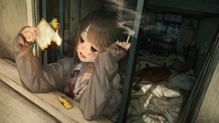 1girl 1other :d ashtray black_eyes blood blood_on_clothes bloody_knife book bottle brown_hair burning burning_photo can chair chopsticks cigarette collarbone commentary_request crazy crumpled_paper cup_ramen door dot_nose exhaust eyebrows_hidden_by_hair flower futon grey_shirt hatching_(texture) highres holding holding_cigarette iei incense kettle knife kotatsu leaning lighter long_sleeves medium_hair messy messy_room microwave murder open_book open_clothes open_mouth open_shirt original photo_(object) pillow police rope shirt sliding_doors smile smoke smoke_trail smoking stove table tena_(tena_0711) tile_wall tiles trash trash_bag upper_body vase white_shirt wooden_floor yellow_flower