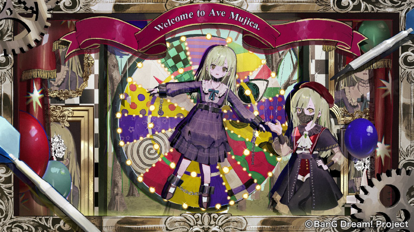 2girls @_@ ascot balloon bang_dream! bang_dream!_it&#039;s_mygo!!!!! beret black_mask black_pantyhose black_skirt blue_dress dart dress dual_persona gears green_hair guest_art hat kurehalxxx long_hair long_sleeves mask mortis_(bang_dream!) mortis_(costume)_(bang_dream!) mouth_mask multiple_girls nervous_sweating official_art painting_(medium) pantyhose pantyhose_under_shorts plaid_clothes plaid_dress red_hat red_shorts restrained second-party_source shorts skirt socks sweat traditional_media wakaba_mutsumi wheel white_ascot white_socks yellow_brooch yellow_eyes