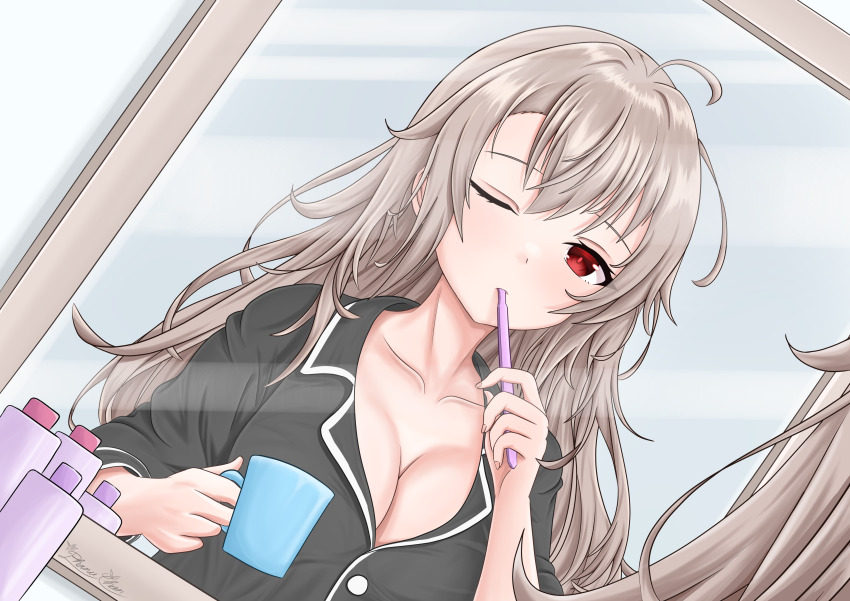 1girl absurdres black_pajamas black_shirt breasts brushing_teeth cleavage closed_mouth collarbone collared_shirt commentary cup dutch_angle english_commentary eydis_(sao) hands_up highres holding holding_cup holding_toothbrush large_breasts long_hair messy_hair mixed-language_commentary one_eye_closed pajamas partially_unbuttoned phanuchan portrait red_eyes reflection shirt sidelocks sleeves_rolled_up solo sword_art_online sword_art_online:_alicization sword_art_online:_unleashed_blading toothbrush variant_set