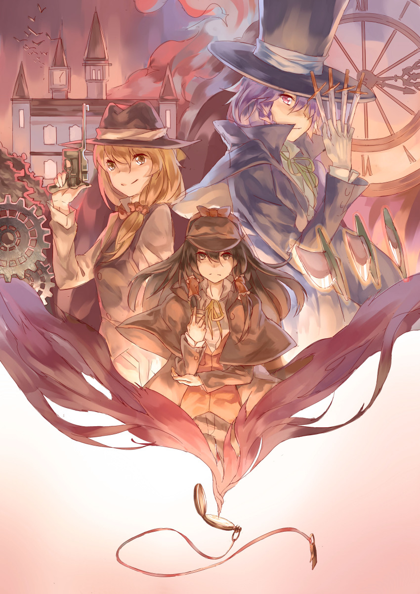 3girls absurdres alternate_costume bat_(animal) between_fingers black_hair blonde_hair bow braid brown_hair buttoned_cuffs buttons clock cloud coat collared_shirt cosplay deerstalker fedora foreshortening gears gun hair_over_one_eye hair_tubes hakurei_reimu handgun hat highres holding holding_knife izayoi_sakuya jack_the_ripper_(cosplay) john_hamish_watson john_hamish_watson_(cosplay) kirisame_marisa kiseru knife knives_between_fingers long_hair machine_pistol mauser_c96 multiple_girls norizc pocket_watch red_eyes scarlet_devil_mansion sherlock_holmes sherlock_holmes_(cosplay) shirt short_hair silver_hair smoking_pipe steampunk the_adventures_of_sherlock_holmes top_hat touhou trench_coat trigger_discipline twin_braids vest victorian watch weapon yellow_eyes