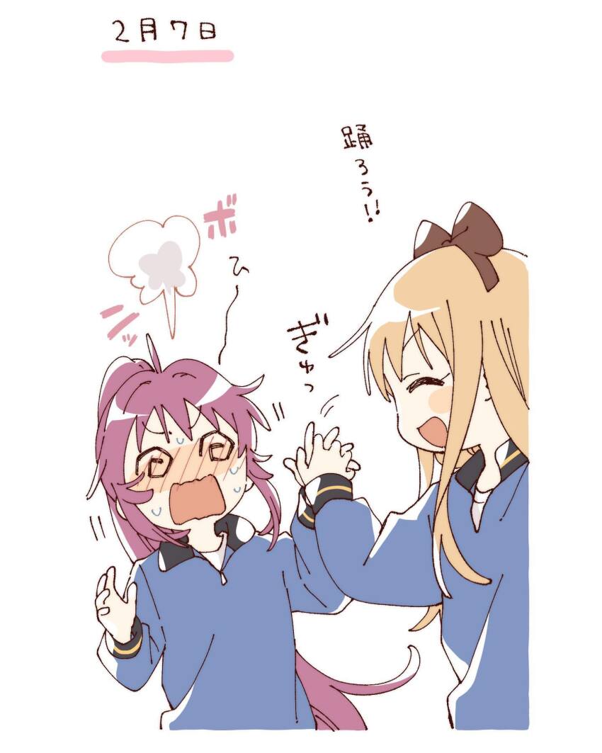 2girls :d @_@ ^_^ blonde_hair blue_shirt blush blush_stickers bow brown_bow closed_eyes commentary_request cropped_torso facing_another hair_bow highres holding_hands interlocked_fingers long_hair long_sleeves multiple_girls namori nose_blush open_mouth ponytail purple_hair shirt simple_background smile sugiura_ayano sweat toshinou_kyouko translation_request upright_ahoge v-shaped_eyebrows white_background yuru_yuri
