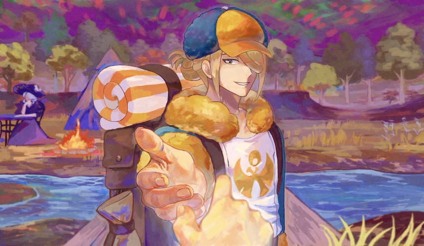 1boy 2girls absurdres backpack bag blonde_hair blue_hat brown_bag campfire cogita_(pokemon) commentary_request fire grass grin hair_bun hair_over_one_eye hat highres long_sleeves multiple_girls nintendo outdoors pokemon pokemon_legends:_arceus river short_hair smile table teeth tent tree volo_(pokemon) water yj0i0