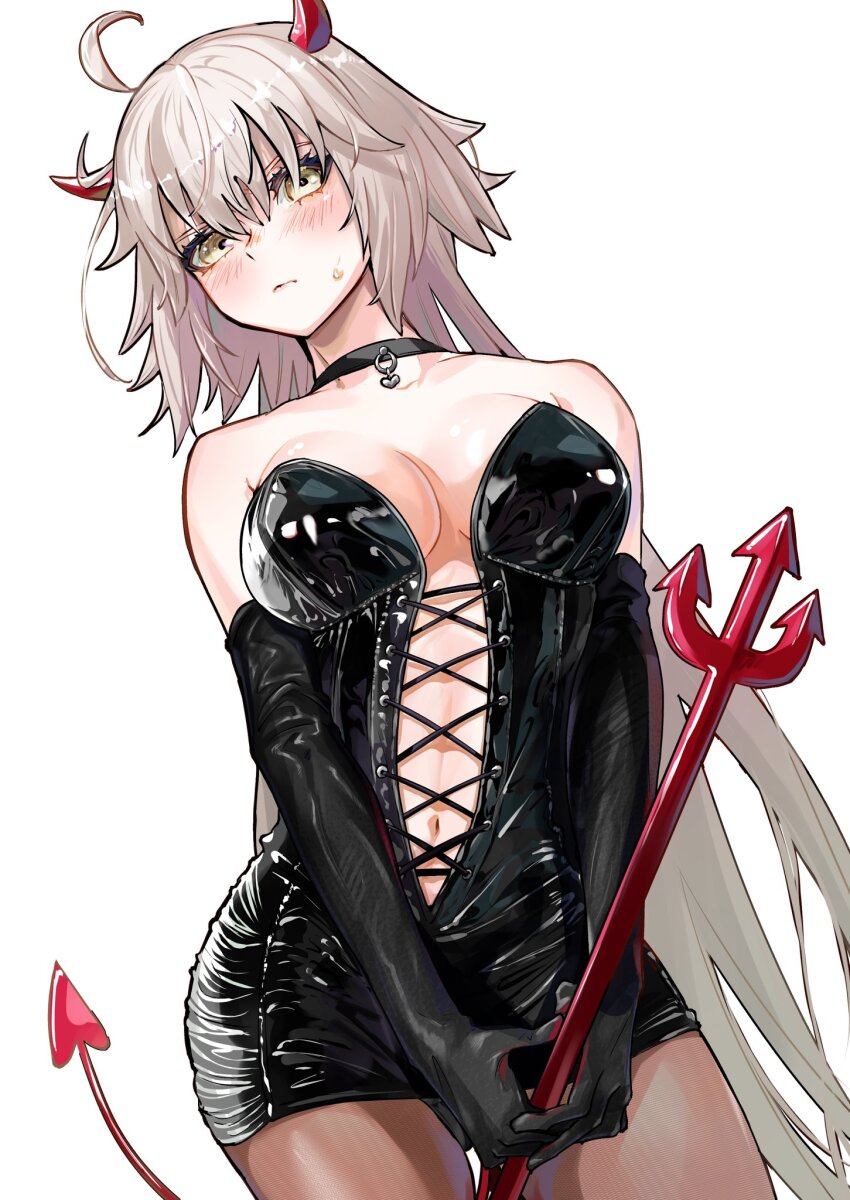 1girl ahoge bare_shoulders black_dress blush breasts brown_pantyhose center_opening choker cleavage cross-laced_clothes demon_horns demon_tail dress elbow_gloves fate/grand_order fate_(series) gloves grey_hair highres horns iris_(tb33064667) jeanne_d&#039;arc_alter_(fate) large_breasts long_hair looking_at_viewer navel pantyhose polearm short_dress solo tail trident very_long_hair weapon yellow_eyes