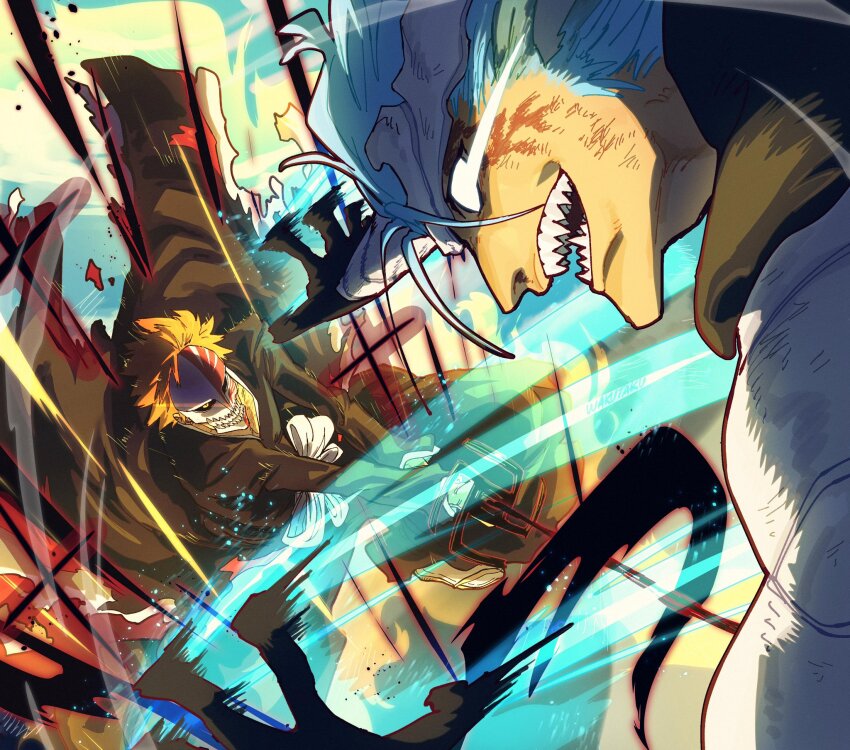 2boys artist_name aura battle black_sclera bleach blue_hair colored_sclera commentary crazy_smile day dirty dirty_face english_commentary fighting_stance floating_clothes floating_hair grimmjow_jaegerjaquez hair_between_eyes highres holding holding_sword holding_weapon hollow_mask katana kurosaki_ichigo long_sleeves looking_at_another male_focus motion_lines multiple_boys no_eyes open_mouth orange_hair outdoors resurreccion sharp_teeth shihakusho short_hair smile spiked_hair sword taku_(aywakutakuay) teeth tensa_zangetsu_(bankai) v_arms weapon wind yellow_eyes