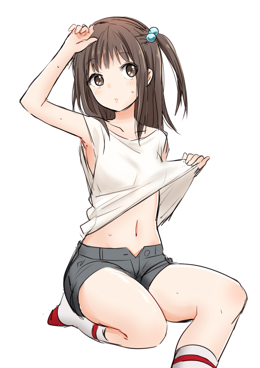 1girl absurdres arm_up bare_arms black_shorts blush brown_eyes brown_hair character_request clothes_lift collarbone eyebrows female_focus full_body hair_bobbles hair_ornament highres ica kneehighs lifting_own_clothes long_hair navel original parted_lips shirt shirt_lift shorts side_ponytail simple_background sitting sleeveless sleeveless_shirt socks solo stomach sweat white_background white_shirt