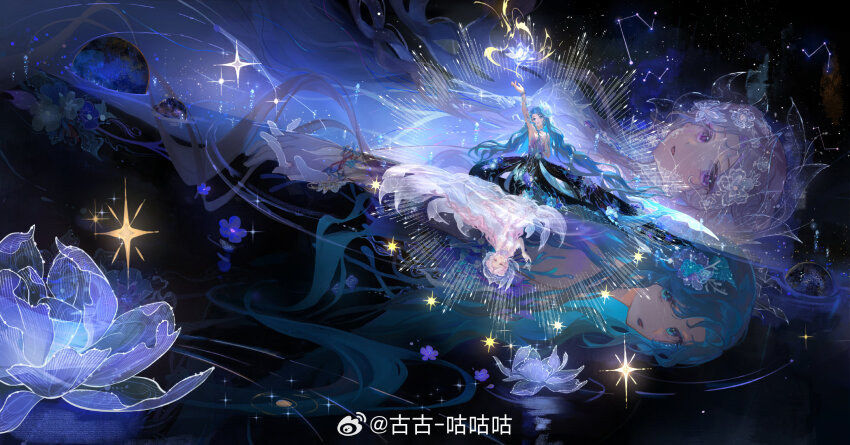 2girls absurdly_long_hair arm_up black_dress black_lips blue_eyeliner blue_eyes blue_flower blue_hair bracelet character_request constellation different_reflection dress expressionless eyeliner flower flower_hat full_body gown gugu_(mirukai) hair_flower hair_ornament hand_on_own_chest hat highres jewelry light_particles lipstick long_dress long_hair lotus lying magic makeup multiple_girls multiple_views necklace night night_sky nikki_(series) on_back open_mouth outdoors parted_lips pink_dress pink_hair purple_eyes purple_flower reflection see-through_clothes see-through_headwear shining_nikki sitting_on_water sky smile sparkle star_(sky) starry_sky strapless strapless_dress very_long_hair white_flower white_hat