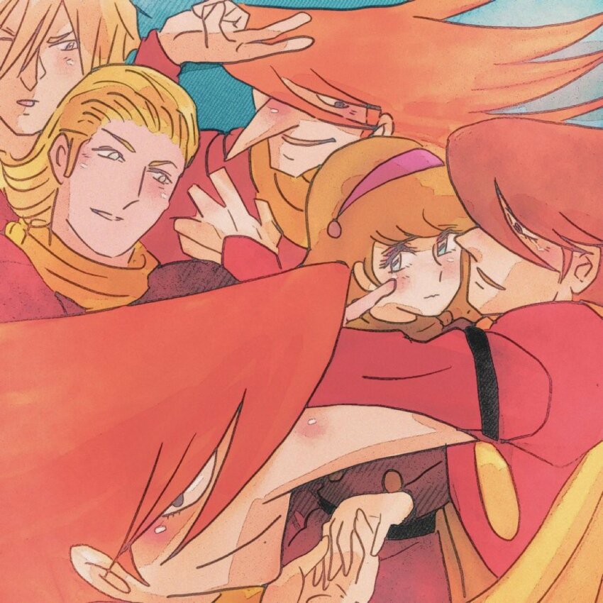 009_re:cyborg 1boy 1girl blonde_hair blue_eyes coat cyborg_009 francoise_arnoul hair_between_eyes hairband holding_hands jet_link long_hair looking_at_another looking_at_viewer orange_hair pink_hairband red_coat sariokisu scarf straight_hair yellow_scarf
