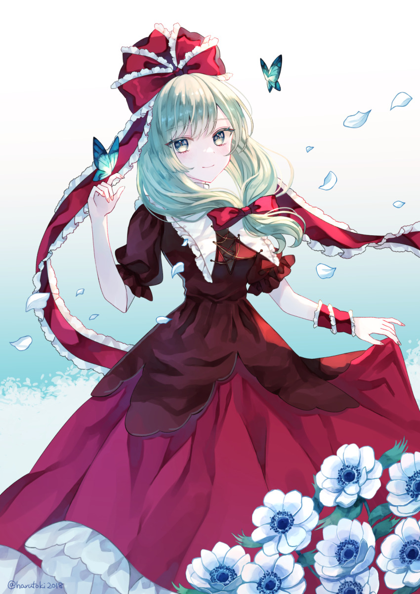 1girl anemone_(flower) blue_butterfly blue_flower bow bug butterfly butterfly_on_hand closed_mouth commentary_request falling_petals flower frilled_bow frilled_ribbon frills front_ponytail green_eyes green_hair hair_bow hair_ribbon highres insect kagiyama_hina long_hair looking_at_viewer miyakure petals red_bow red_ribbon red_skirt ribbon short_sleeves skirt skirt_hold smile solo touhou twitter_username white_flower wrist_ribbon
