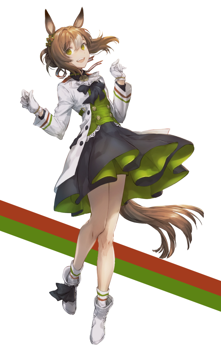 1girl :d animal_ears ascot bare_legs black_ascot black_dress boots brown_hair dress fine_motion_(umamusume) full_body gloves green_dress highres horse_ears horse_tail jacket long_sleeves multicolored_hair nakbe open_clothes open_jacket open_mouth short_hair simple_background smile solo standing standing_on_one_leg tail two-tone_dress two-tone_hair umamusume w_arms white_background white_hair yellow_eyes