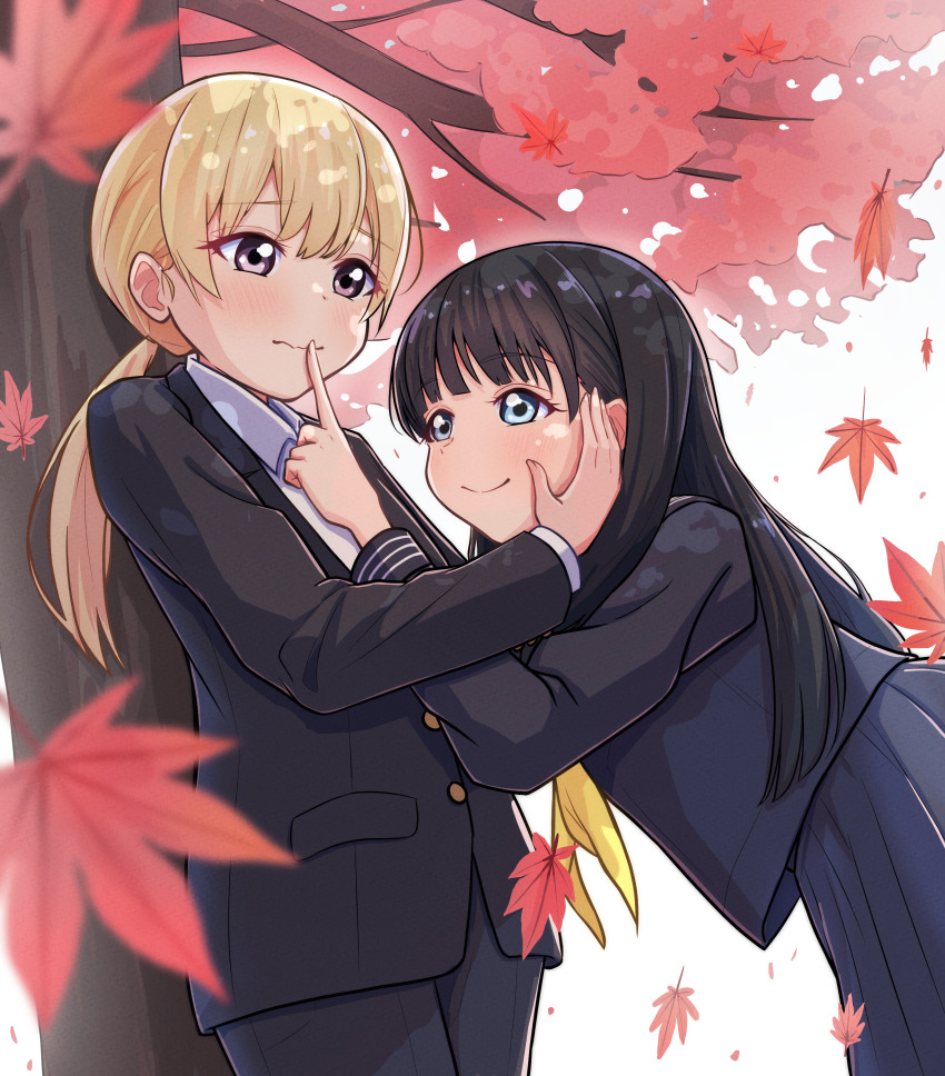 2girls absurdres akebi-chan_no_serafuku akebi_komichi autumn autumn_leaves black_hair black_jacket black_pants black_serafuku blazer blonde_hair bow highres jacket kakikakuka kizaki_erika leaf long_hair low_ponytail multiple_girls pants ponytail roubai_academy_school_uniform_(old) school_uniform serafuku shirt smile tree upper_body white_background white_shirt winter_uniform yellow_bow yuri