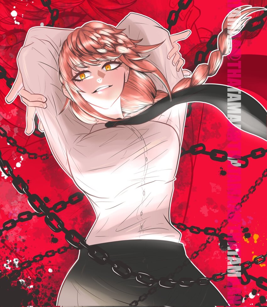 1girl arms_behind_head black_necktie black_pants braid braided_ponytail buttons chain chainsaw_man eyelashes highres long_hair makima_(chainsaw_man) necktie pants pink_hair ringed_eyes shirt shirt_tucked_in smile solo thatamaan white_shirt yellow_eyes zoom_layer