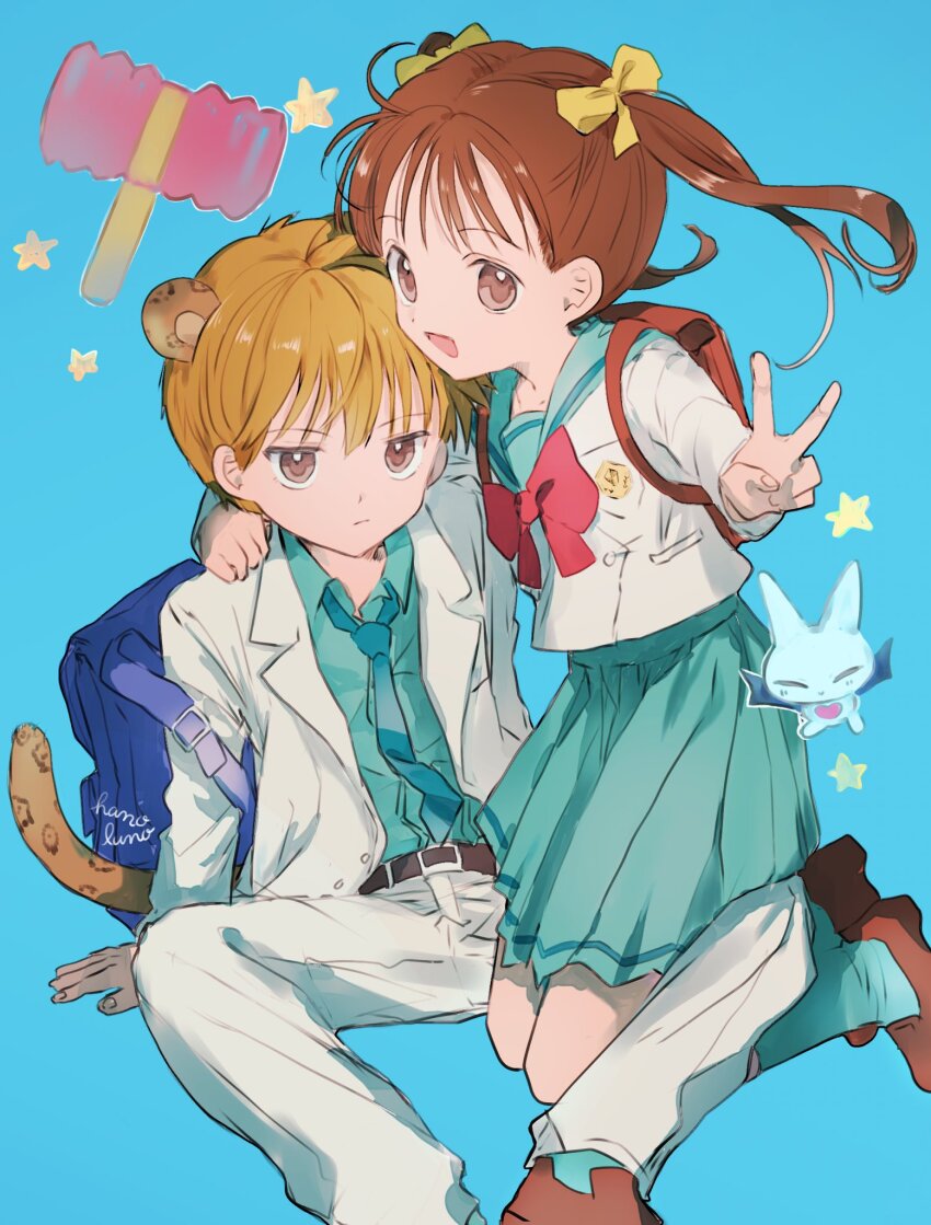 1boy 1girl animal_ears arm_around_shoulder backpack bag blue_background bow child commentary commentary_request extra_ears formal_clothes hair_bow hano_luno hayama_akito highres kemonomimi_mode kneeling kodomo_no_omocha kurata_sana looking_at_viewer necktie open_mouth pleated_skirt randoseru school_bag school_uniform simple_background sitting skirt tail v