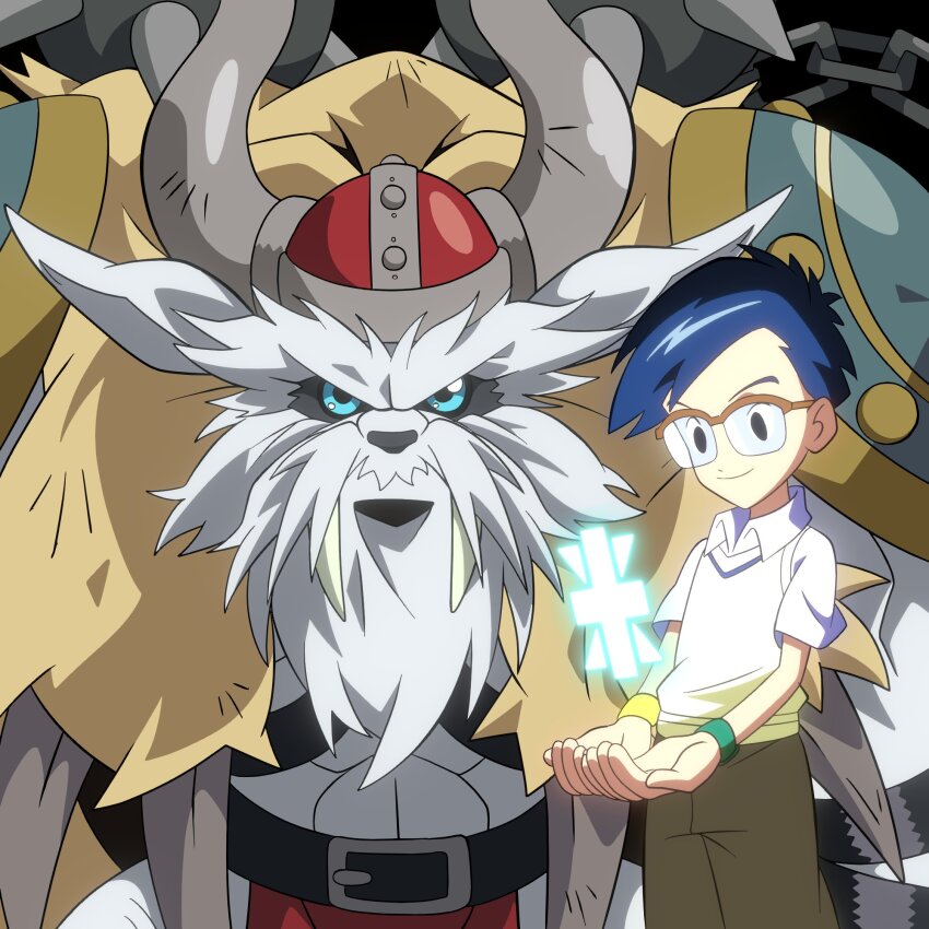 1boy belt crests_(digimon) digimon digimon_(creature) digimon_adventure highres kido_jo muscular muscular_male officialseraphimon tusks vikemon