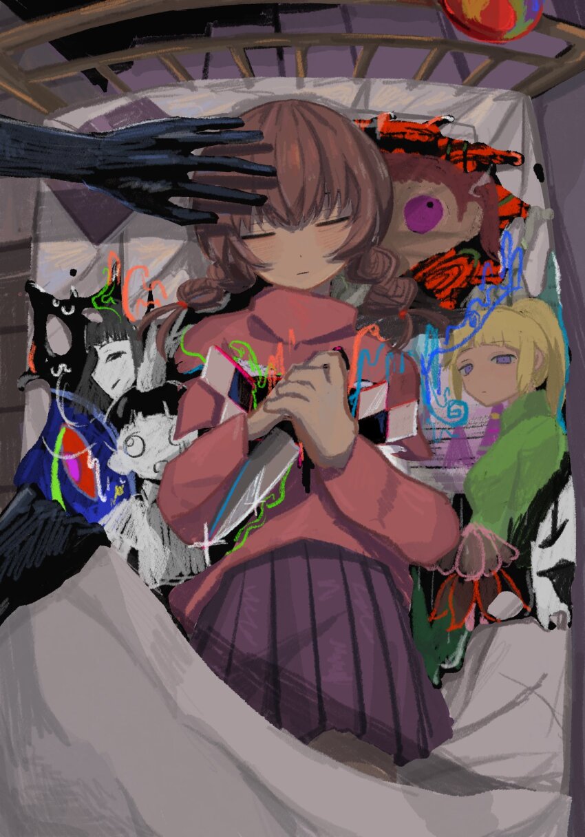 4girls amamoto_air black_hair blonde_hair blunt_bangs braid brown_hair character_request closed_eyes closed_mouth colored_skin green_sweater highres long_hair lying madotsuki monoe monoko multiple_girls on_back on_bed pleated_skirt poniko ponytail purple_eyes red_skirt red_sweater short_hair short_ponytail skirt sweater twin_braids uboa white_skin yume_nikki
