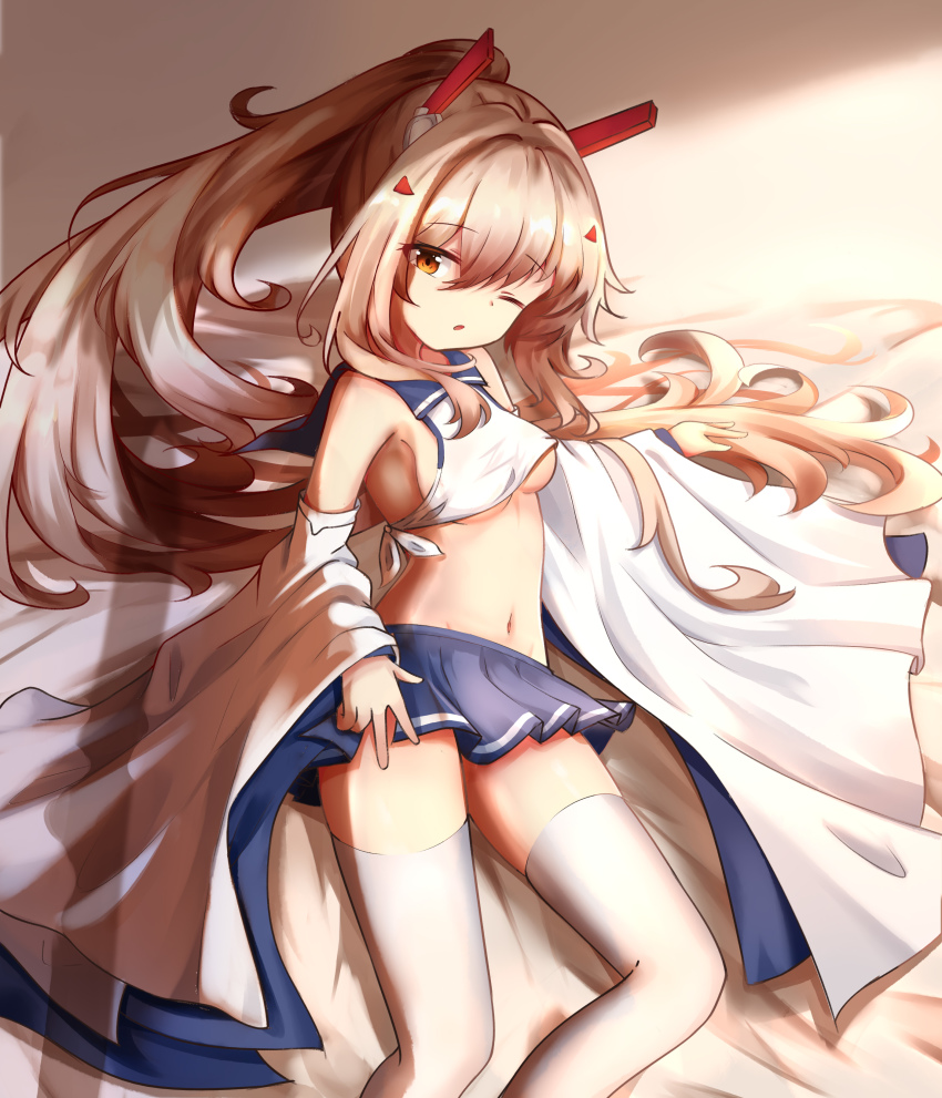 1girl absurdres arm_support ayanami_(azur_lane) ayanami_(retrofit)_(azur_lane) azur_lane bed_sheet blue_skirt commentary_request detached_sleeves hair_ornament hairclip headgear highres juiceneko long_hair looking_at_viewer midriff navel one_eye_closed orange_eyes parted_lips pleated_skirt ponytail retrofit_(azur_lane) school_uniform serafuku sidelocks silver_hair skirt solo thighhighs white_thighhighs wide_sleeves zettai_ryouiki