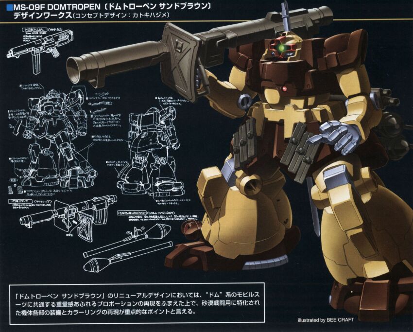 1980s_(style) 1990s_(style) akutsu_jun&#039;ichi ammunition artist_collaboration bazooka_(gundam) dom_(mobile_suit) dom_tropen gundam gundam_0083 highres katoki_hajime lineart machinery magazine_(weapon) mecha mecha_focus mixed-language_text mobile_suit official_art oldschool one-eyed production_art promotional_art realistic retro_artstyle robot scan science_fiction signature sketch traditional_media translation_request zeon