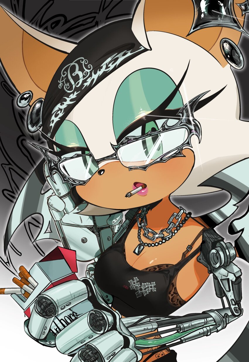 0ni91ri 1girl animal_ears animal_print bandana bat_ears bat_girl black_bandana black_camisole breasts camisole chain chain_necklace cigarette cigarette_pack cleavage cross dog_tags furry furry_female glasses highres hip_tattoo jewelry liquid_metal long_eyelashes looking_at_viewer marlboro mechanical_arms mechanical_wings necklace parted_lips print_shirt rouge_the_bat shirt smoking solo sonic_(series) spaghetti_strap white_fur wings