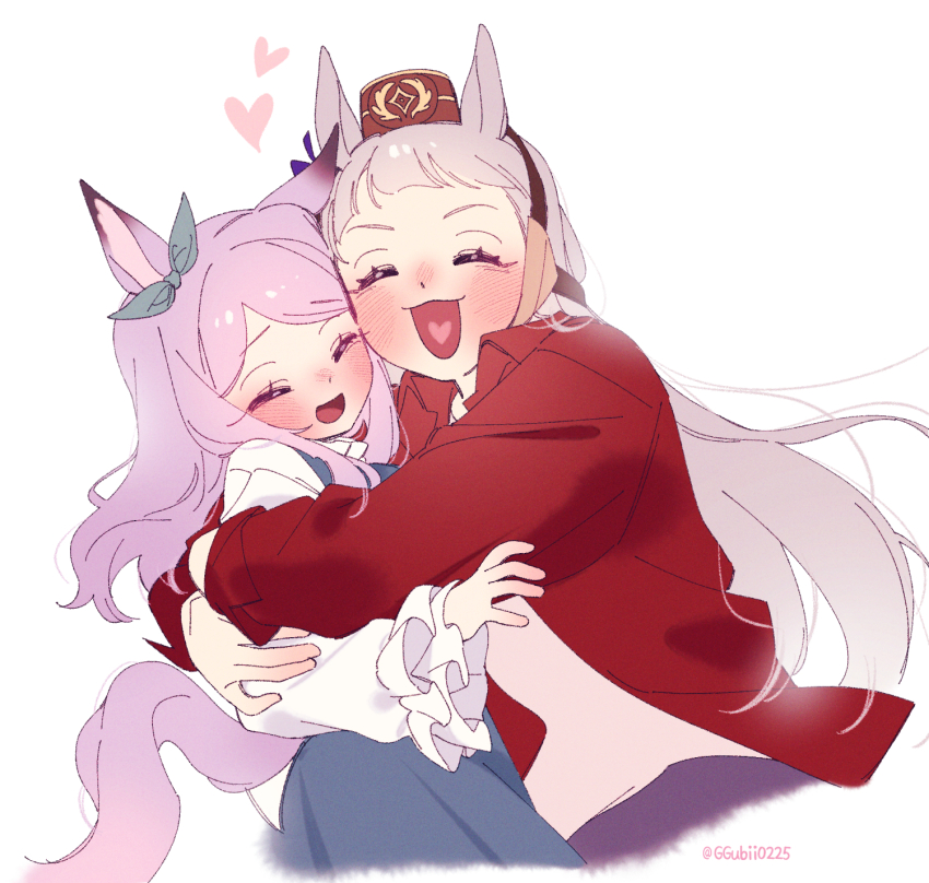 2girls animal_ears blush bow brown_hat cheek-to-cheek closed_eyes dress ear_bow ggubii0225 gold_ship_(umamusume) green_dress grey_hair hat heads_together heart heart_in_mouth highres horse_ears horse_girl horse_tail hug jacket long_hair long_sleeves mejiro_mcqueen_(umamusume) multiple_girls open_clothes open_jacket open_mouth purple_hair red_jacket shirt simple_background tail twitter_username umamusume upper_body white_background white_shirt yuri