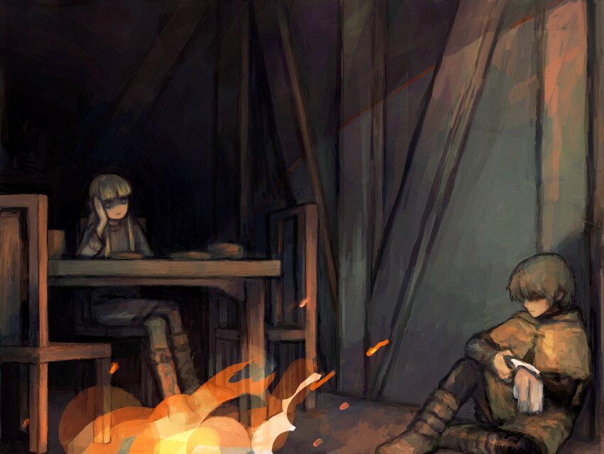 2boys blonde_hair blunt_bangs boots canute chair cleaning cleaning_weapon closed_mouth crossed_legs dagger fire hand_on_own_head highres indoors knife male_focus multiple_boys on_floor prince sidelocks sitting spring_deers table thorfinn viking vinland_saga weapon