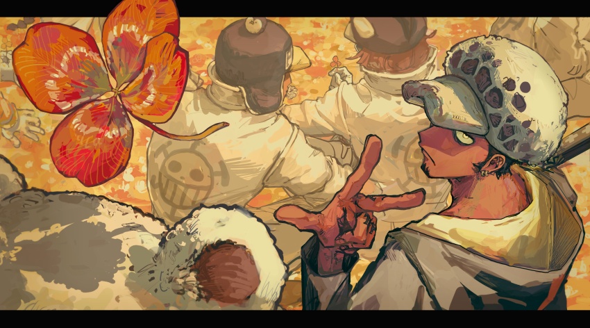absurdres aozmspn_e bear bepo_(one_piece) closed_mouth earrings flower gloves hand_tattoo hat heart_pirates_jolly_roger highres holding holding_flower hood hooded_coat jewelry jumpsuit letterboxed looking_back one_piece penguin_(one_piece) shachi_(one_piece) short_hair sideburns tattoo trafalgar_law white_gloves white_jumpsuit yellow_eyes