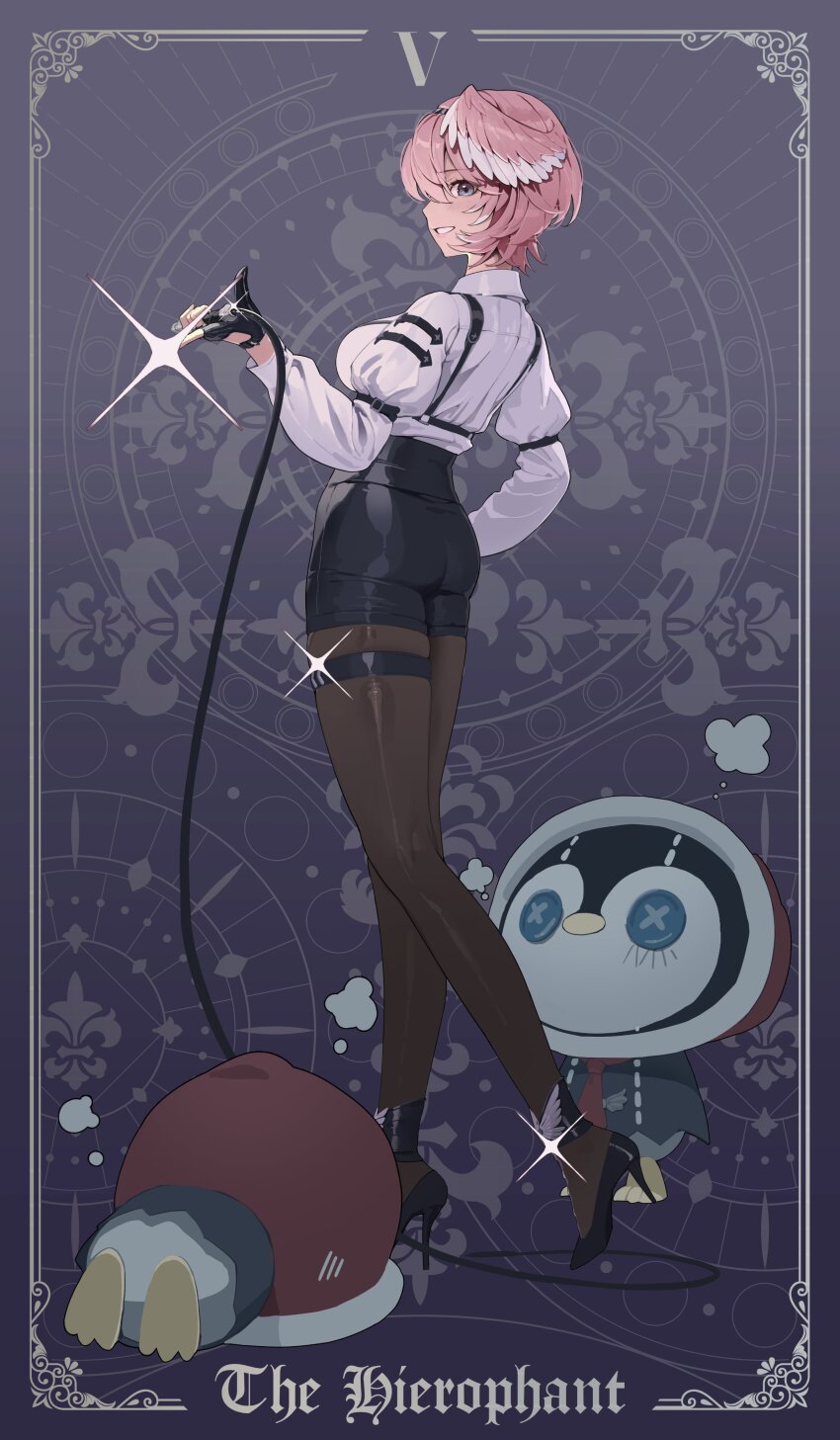 1girl absurdres black_gloves black_hairband black_pantyhose black_shorts blue_eyes breasts card_(medium) chest_harness commentary dress_shirt english_commentary fingerless_gloves from_behind full_body gloves grin gum_shrew hairband harness head_wings high-waist_shorts highres holding holding_whip hololive large_breasts long_legs long_sleeves looking_at_viewer lui-tomo official_art pantyhose pink_hair pink_wings second-party_source shirt shirt_tucked_in short_hair shorts sleeve_garter smile solo strappy_heels takane_lui takane_lui_(1st_costume) tarot tarot_(medium) the_hierophant_(tarot) thigh_strap virtual_youtuber whip white_shirt wings