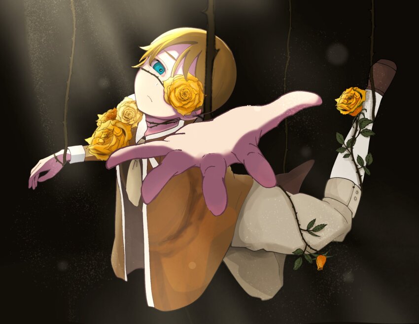 1boy allen_avadonia aqua_eyes ascot blonde_hair brown_jacket brown_pants brown_shoes collared_jacket evillious_nendaiki flower flower_over_eye foreshortening frown head_tilt highres jacket kagamine_len light_particles light_rays momen_zzz open_clothes open_jacket orange_jacket outstretched_arm outstretched_hand pants reaching reaching_towards_viewer rose shoes socks strangling suspension thorns vocaloid white_socks yellow_ascot yellow_flower yellow_rose