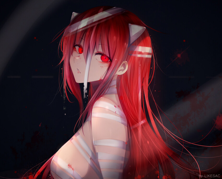 1girl artist_name bandaged_arm bandaged_chest bandaged_head bandaged_neck bandages black_background blood blood_on_face breasts closed_mouth commentary commission elfen_lied english_commentary from_side hair_between_eyes horns horror_(theme) likesac long_hair lucy_(elfen_lied) painterly pink_eyes pink_hair solo