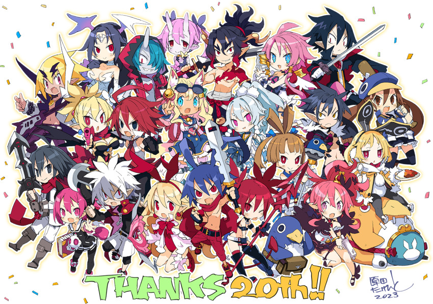 2023 6+boys 6+girls adell_(disgaea) almaz_von_almadine_adamant animal_ears anniversary black_hair blonde_hair bright_pupils colored_skin crown disgaea elder_spear etna_(disgaea) everyone flonne flonne_(fallen_angel) fur-trimmed_jacket fur-trimmed_sleeves fur_trim glasses green_hair grey_hair harada_takehito horns jacket kazamatsuri_fuuka killia_(disgaea) laharl long_hair looking_at_viewer makai_senki_disgaea makai_senki_disgaea_2 makai_senki_disgaea_3 makai_senki_disgaea_4 makai_senki_disgaea_5 makai_senki_disgaea_6 makai_senki_disgaea_7 mini_crown monster multiple_boys multiple_girls open_mouth pink_hair pointy_ears ponytail prinny purple_eyes rabbit_earmuffs rabbit_ears raspberyl red_eyes red_hair red_skin rozalin seraphina_(disgaea) short_hair simple_background single_horn smile spiked_hair topless_male usalia_(disgaea) white_hair yellow_eyes yellow_jacket