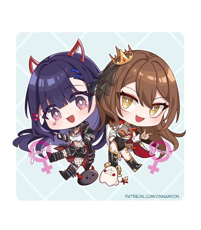2girls akuma_nihmune akuma_nihmune_(casual) black_boots black_coat black_gloves black_hair black_skirt bodystocking boots breasts bright_pupils brown_hair chain chibi cinnamyon cleavage coat covered_navel crown facial_mark fingerless_gloves fishnet_bodystocking fishnets gloves hair_ornament hairpin heart heart_facial_mark highres horns indie_virtual_youtuber mina_aoyama mini_crown mole mole_under_eye multiple_girls noomba_(akuma_nihmune) open_clothes open_coat open_mouth patreon_username pink_eyes red_horns see-through_cleavage see-through_clothes skirt smile thigh_strap venus_symbol virtual_youtuber white_pupils yellow_eyes