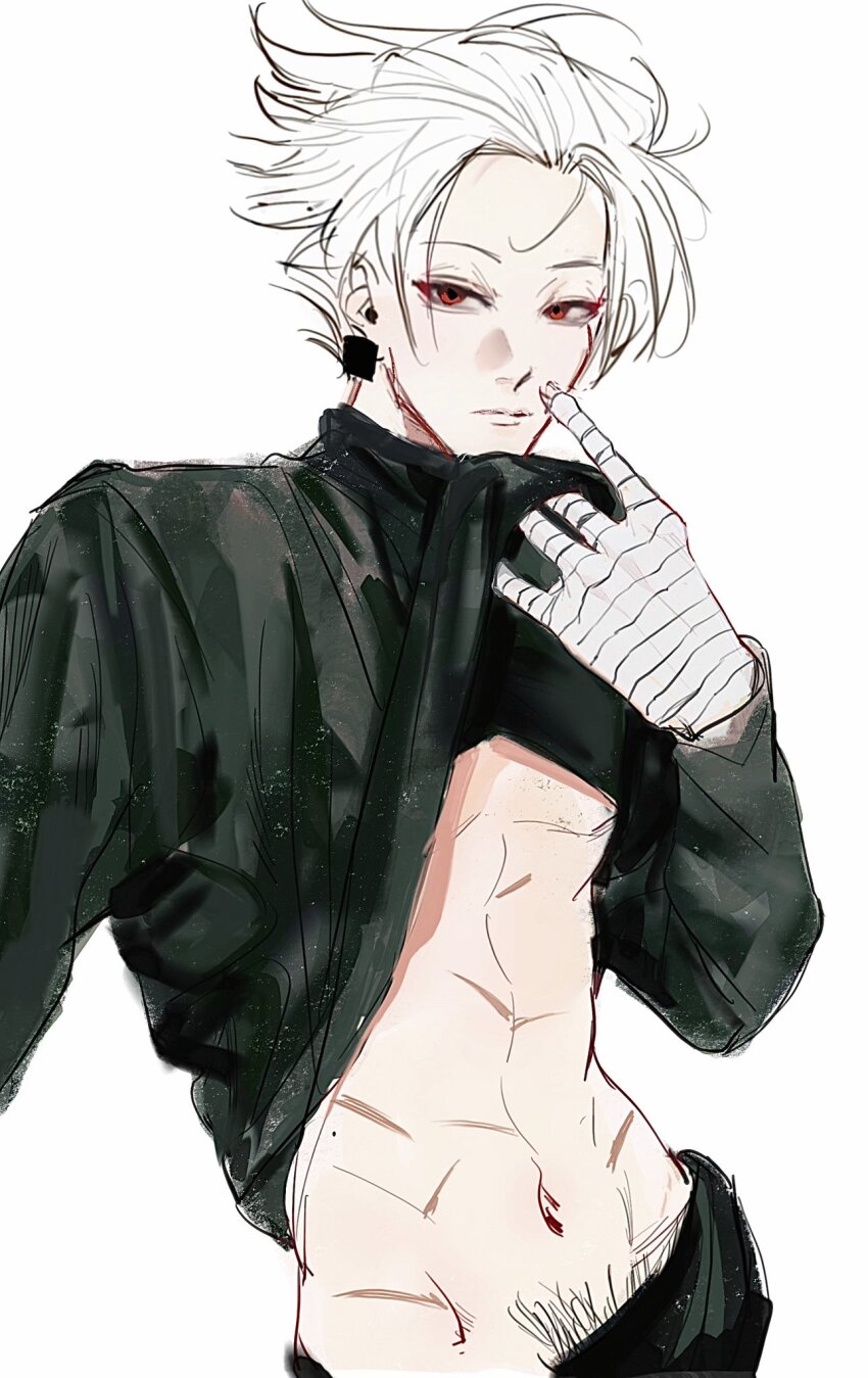 bandaged_hand bandages black_pants black_sleeves closed_mouth clothes_lift earrings gaku_(sakamoto_days) hair_slicked_back highres jewelry looking_at_viewer navel pants parted_bangs peiyujie1 red_eyes sakamoto_days simple_background sparse_navel_hair toned toned_male white_background white_hair
