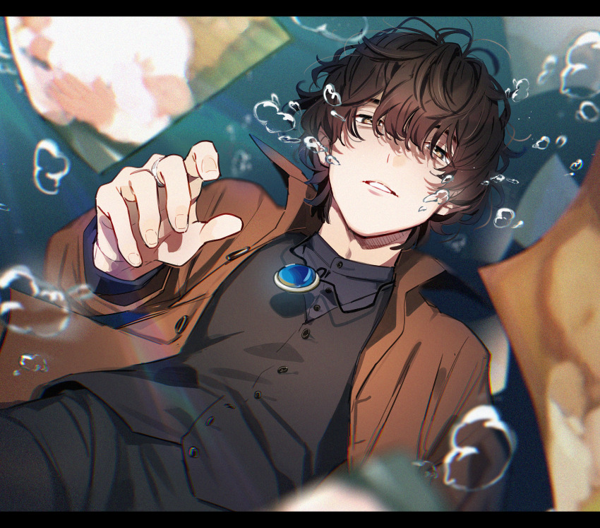 1boy aam09212 air_bubble brown_coat brown_hair bubble coat glasses highres kamen_rider kamen_rider_gavv_(series) long_sleeves male_focus open_clothes open_coat paper shirt short_hair solo suga_kenzo underwater vest yellow_eyes