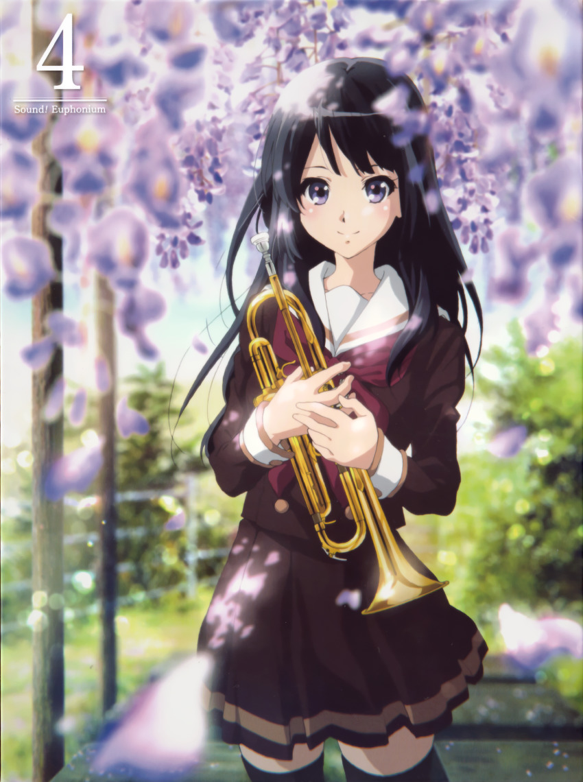 1girl album_cover black_hair black_thighhighs blurry blurry_foreground blush brown_shirt brown_skirt closed_mouth cover flower hands_up hibike!_euphonium highres holding holding_instrument holding_trumpet ikeda_shouko instrument kitauji_high_school_uniform kousaka_reina long_hair long_sleeves looking_at_viewer neckerchief official_art pleated_skirt purple_eyes purple_flower red_neckerchief sailor_collar school_uniform serafuku shirt skirt smile solo standing thighhighs trumpet white_sailor_collar zettai_ryouiki
