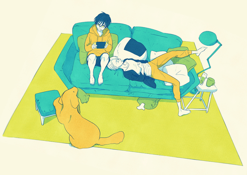 2boys black_hair brown_eyes couch cup dog drinking_glass closed_eyes glasses handheld_game_console hood hoodie katsuki_yuuri lamp limited_palette lying makkachin male_focus mug multiple_boys nintendo_switch open_mouth pillow shorts sitting smile tanao viktor_nikiforov yuri!!!_on_ice