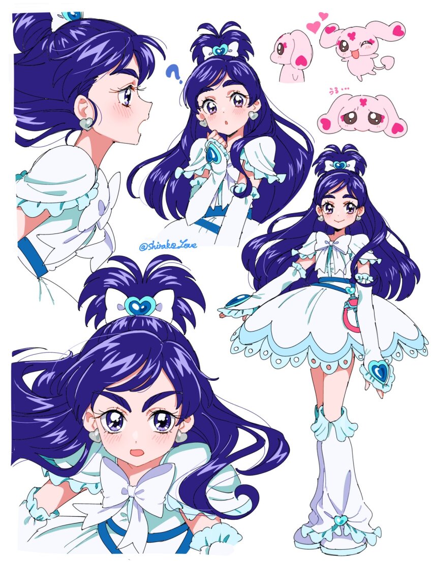 1girl ? arm_warmers blue_eyes blue_hair boots bow bowtie brooch capelet circle_skirt cure_white dress earrings futari_wa_precure hair_bow heart heart_brooch heart_earrings highres jewelry leg_warmers long_hair looking_at_viewer magical_girl mascot mipple multiple_views ponytail precure shirako_love simple_background sleeveless sleeveless_dress standing white_background white_boots white_bow white_bowtie white_capelet white_dress yukishiro_honoka