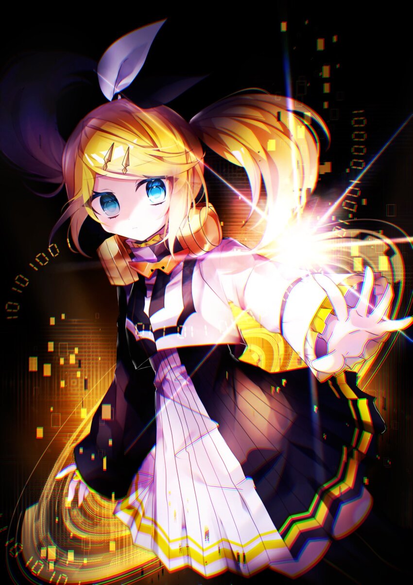 1girl black_thighhighs blonde_hair blue_eyes chromatic_aberration cowboy_shot cropped_jacket dress energy_ring foreshortening glowing goggles goggles_on_headwear headphones headphones_around_neck highres jacket kagamine_rin kagamine_rin_(reactor) long_hair looking_at_viewer multicolored_jacket pleated_dress project_diva_(series) roshin_yuukai_(vocaloid) solo thighhighs twintails two-tone_bow two-tone_dress two-tone_jacket vocaloid zettai_ryouiki