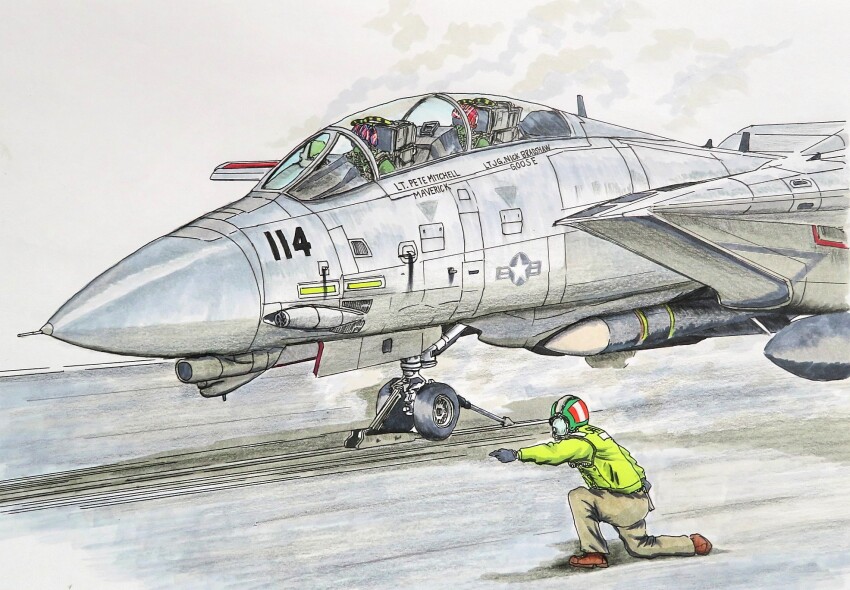 3boys aim-54_phoenix aircraft aircraft_carrier aircraft_marshaller airplane english_text f-14_tomcat fighter_jet flight_suit headphones helmet high-visibility_clothing high-visibility_vest highres military military_vehicle multiple_boys nick_&quot;goose&quot;_bradshaw pete_&quot;maverick&quot;_mitchell pilot pilot_helmet ship smile_(jdsmyoko) takeoff top_gun united_states_navy warship watercraft