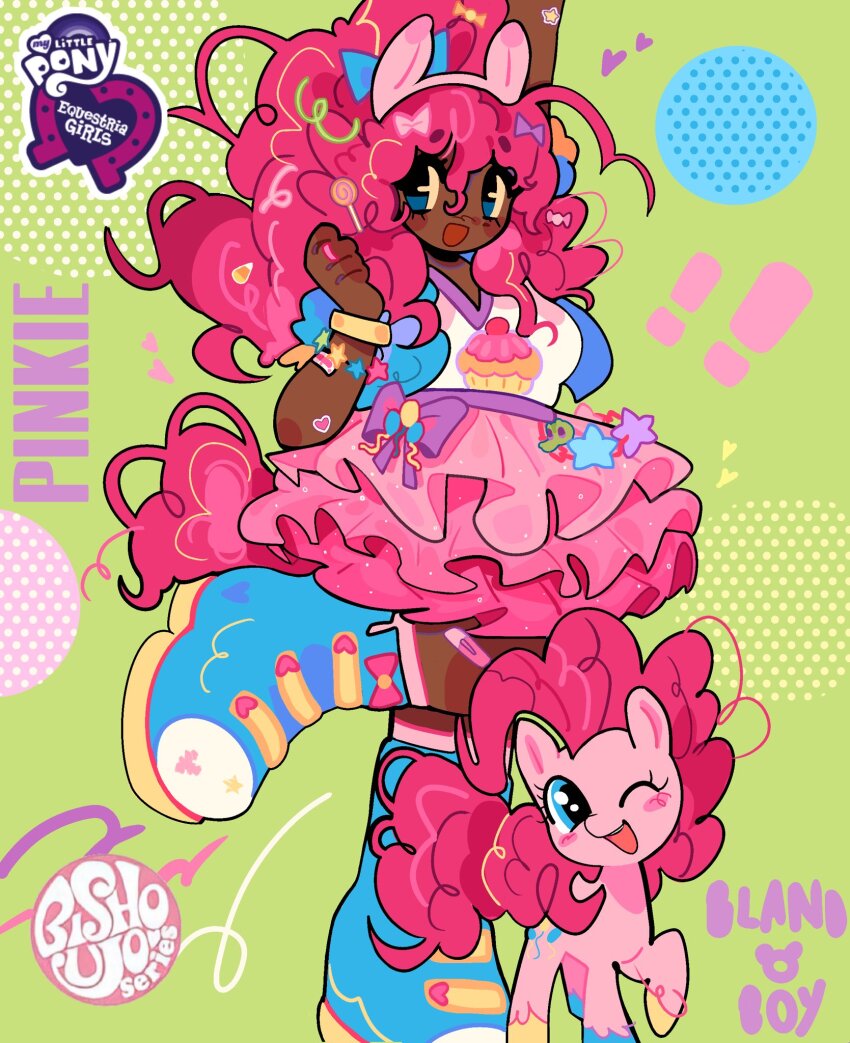 ! !! 1girl ahoge alternate_skin_color animal animal_ears balloon blandboyx blue_boots blue_eyes boots bow bracelet colorful commentary creature_and_personification cupcake_print curly_hair cutie_mark dark-skinned_female dark_skin derivative_work dual_persona english_commentary fake_animal_ears green_background gummy_(my_little_pony) hairband highres horse_ears horse_tail jewelry kotobukiya_bishoujo leg_up logo long_hair looking_at_viewer my_little_pony my_little_pony:_equestria_girls my_little_pony:_friendship_is_magic personification pink_hair pink_skirt pinkie_pie pinkie_pie_(bishoujo) pony_(animal) purple_bow shirt shoes simple_background skirt sneakers solo_focus standing standing_on_one_leg tail tutu very_dark_skin white_shirt