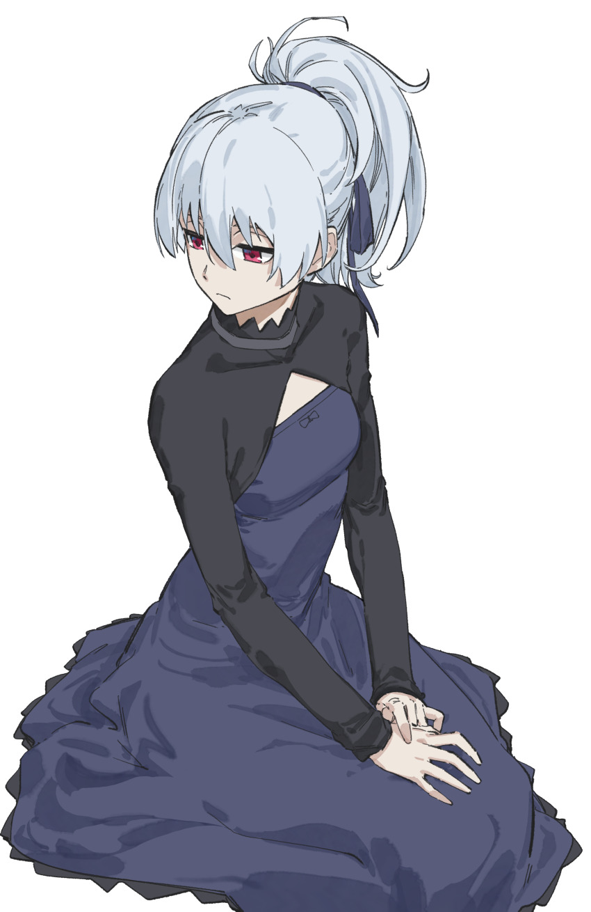 1girl absurdres black_dress breasts closed_mouth darker_than_black dress frown grey_hair grey_ribbon hair_between_eyes hair_ribbon highres long_hair long_sleeves ponytail red_eyes ribbon shrug_(clothing) simple_background sitting small_breasts solo white_background yin_(darker_than_black) zou_(pixiv16822216)