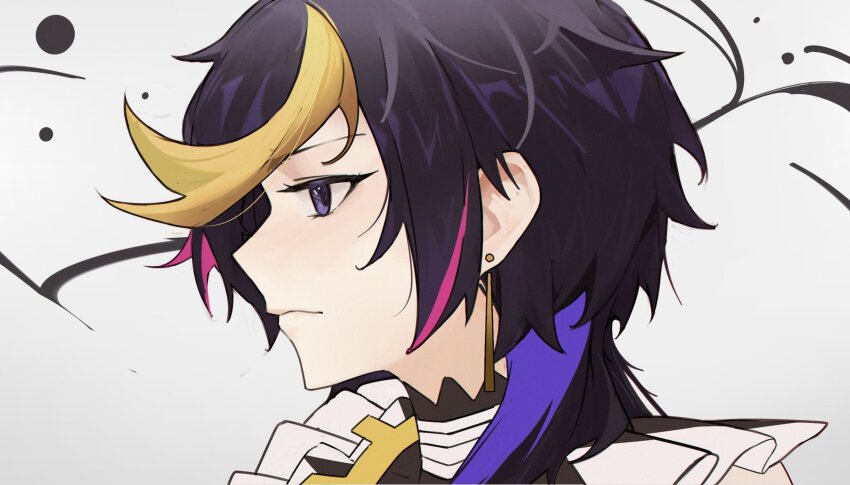 1boy closed_mouth earrings highres jewelry male_focus multicolored_hair nijisanji nijisanji_en portrait profile purple_eyes shu_yamino shu_yamino_(1st_costume) solo streaked_hair vergil_mon virtual_youtuber