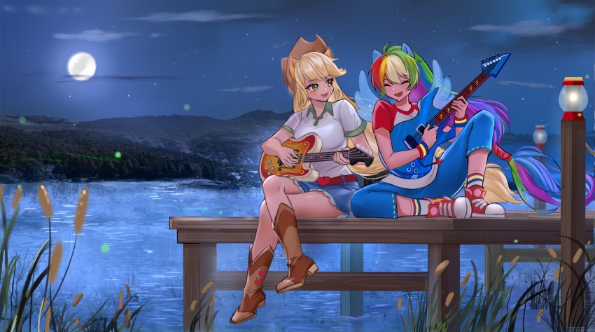 2girls :d ^_^ absurdly_long_hair absurdres ahoge alternate_skin_color animal_ears ankle_socks applejack applejack_(equestria_girls) belt blonde_hair blue_hair blue_pants blue_skirt blue_wings boots bracelet brown_belt brown_boots chinese_commentary closed_eyes collared_shirt commentary_request contrast_collar crossed_legs cutie_mark denim denim_skirt dock electric_guitar freckles full_moon grass green_eyes green_hair green_trim guitar hair_tie high_heel_boots high_heels highres holding holding_guitar holding_instrument horse_ears instrument jewelry kewoshixiaodaia knee_boots knee_up knees_apart_feet_together lake lantern light_particles long_hair looking_at_another low-tied_long_hair miniskirt moon mountain multicolored_hair multiple_girls music my_little_pony my_little_pony:_equestria_girls my_little_pony:_friendship_is_magic night night_sky open_mouth orange_hair outdoors pants playing_guitar playing_instrument purple_hair raglan_sleeves rainbow_dash rainbow_dash_(equestria_girls) rainbow_hair red_hair red_shoes reeds shirt shoes sitting skirt sky smile socks sparkle streaked_hair t-shirt very_long_hair white_shirt white_socks wings
