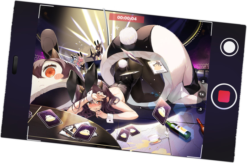 4girls akatsuki_(azur_lane) alcohol animal_ears ass azur_lane bare_shoulders bareback black_legwear black_leotard blush brown_hair cup drinking_glass fake_animal_ears hair_ornament highres horns ikazuchi_(azur_lane) inazuma_(azur_lane) isuzu_(azur_lane) isuzu_(accidental_overheat?)_(azur_lane) leotard looking_at_viewer multiple_girls official_alternate_costume official_art ootsuki_momiji pantyhose playboy_bunny rabbit_ears rabbit_tail red_eyes tail tears transparent_background wine_glass wrist_cuffs