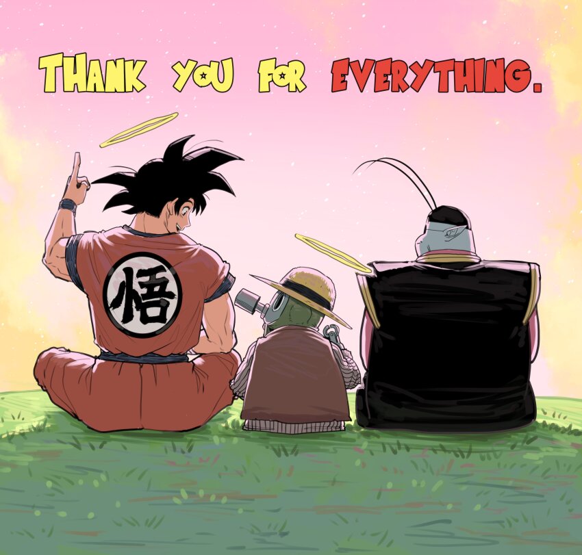 3boys absurdres antennae black_eyes black_hair black_headwear black_robe blue_skin bracelet brown_jacket closed_mouth colored_skin dougi dragon_ball english_text grass halo hat highres jacket jewelry looking_at_another male_focus mechanical_arms multiple_boys north_kaiou on_grass open_mouth pointing pointing_up pointy_ears robe round_eyewear short_hair sitting sky smile son_goku spiked_hair star_(sky) starry_sky straw_hat sunglasses thirdphp toned toned_male toriyama_akira_(character) yellow_halo