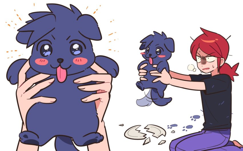 1boy :3 animal animalization barefoot black_shirt blush_stickers broken_plate chueog cowlick ethan_(pokemon) holding holding_animal long_hair male_focus messy_hair multiple_views nintendo open_mouth pants paw_print plate pokemon pokemon_hgss purple_pants red_hair shirt short_sleeves silver_(pokemon) sweat t-shirt tongue tongue_out white_background