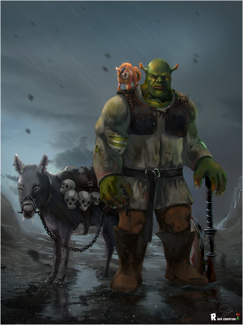 1boy 95bee absurdres animal animal_on_shoulder artist_name axe belt boots brown_belt brown_footwear brown_vest chain chain_leash colored_skin donkey donkey_(shrek) drawing ear_piercing fantasy green_skin highres leash leather leather_belt leather_vest ogre one-eyed photoshop_(medium) piercing planted puss_in_boots_(shrek) rain red_eyes saddle sharp_teeth shirt shrek shrek_(series) signature skull skull_ornament teeth torn_clothes torn_shirt vest