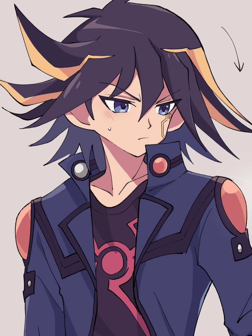 1boy black_hair black_shirt blonde_hair blue_eyes blue_jacket blush closed_mouth collarbone commentary_request fudo_yusei grey_background hair_between_eyes highres jacket long_sleeves male_focus multicolored_hair niyane open_clothes open_jacket shirt short_hair simple_background solo sweatdrop two-tone_hair upper_body yu-gi-oh! yu-gi-oh!_5d&#039;s