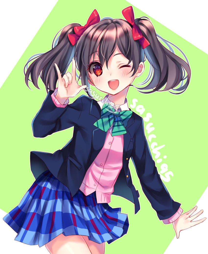 1girl ;d \m/ arm_at_side artist_name black_hair black_jacket blazer blue_skirt blush bow bowtie buttons cardigan collared_shirt commentary cowboy_shot diagonal-striped_bow diagonal-striped_bowtie diagonal-striped_clothes double-parted_bangs gold_buttons green_background green_bow green_bowtie hair_between_eyes hair_bow hand_up highres jacket lapels layered_sleeves long_sleeves looking_at_viewer love_live! love_live!_school_idol_project medium_hair miniskirt one_eye_closed open_clothes open_jacket open_mouth outside_border pink_cardigan pleated_skirt red_bow red_eyes round_teeth sasucchi95 school_uniform shirt simple_background skirt smile solo striped_clothes teeth tongue twintails upper_teeth_only white_shirt yazawa_nico